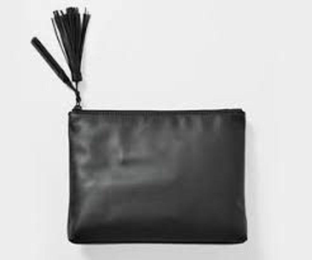 Loeffler Randall Zip Top Clutch Smooth Black Leather Tassel Charm Quiet Luxury